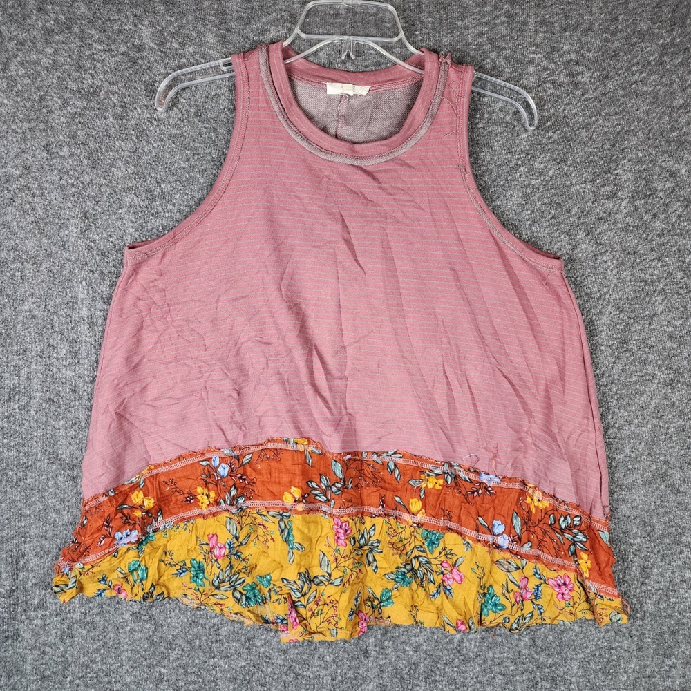 Easel Tank Top Womens S Pink Striped Floral Ruffle Hem Boho Sleeveless Good
